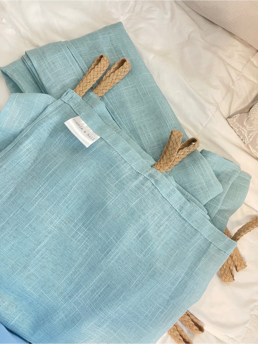 Sea Foam Light Blue Linen Floor Length Curtains with Braided Rope Loops (1 Pair)